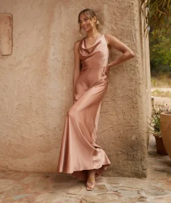 Best Six Stories Cowl Front Satin Bridesmaid Dress - Burnt Peach