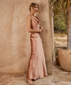 Best Six Stories Cowl Front Satin Bridesmaid Dress - Burnt Peach