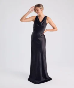 New Six Stories Cowl Front Satin Bridesmaid Dress - Black
