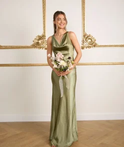 Sale Six Stories Cowl Front Satin Bridesmaid Dress - Moss Green