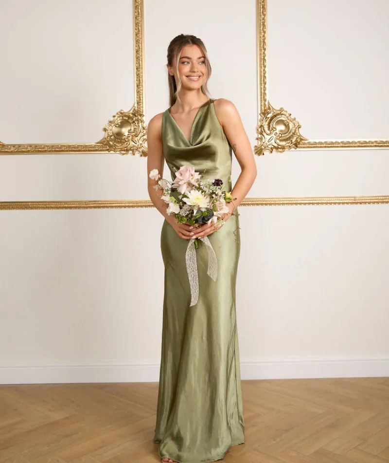 Sale Six Stories Cowl Front Satin Bridesmaid Dress - Moss Green