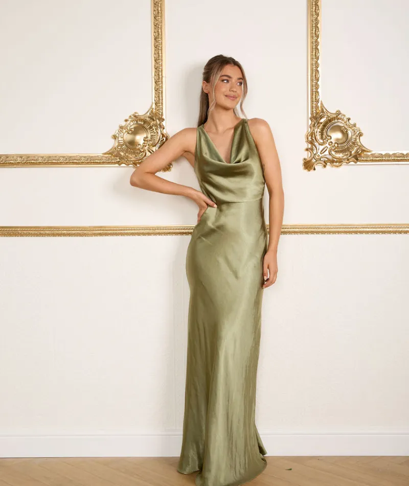 Sale Six Stories Cowl Front Satin Bridesmaid Dress - Moss Green