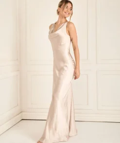 Online Six Stories Cowl Front Satin Bridesmaid Dress - Oyster