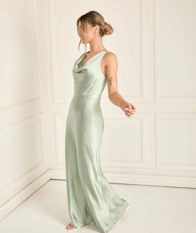 Six Stories Cowl Front Satin Bridesmaid Dress - Sage