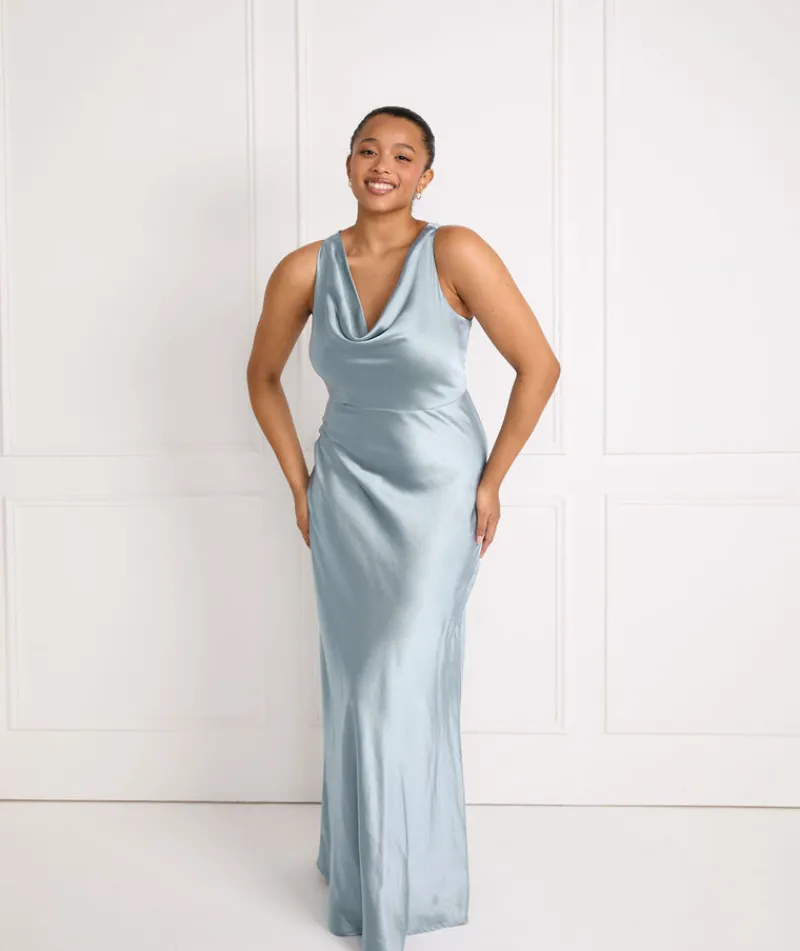 Online Six Stories Cowl Front Satin Bridesmaid Dress - Dusty Blue