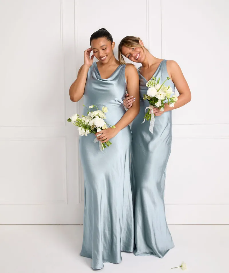 Online Six Stories Cowl Front Satin Bridesmaid Dress - Dusty Blue