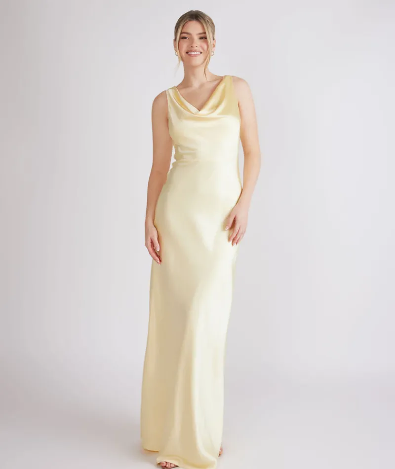 Sale Six Stories Cowl Front Satin Bridesmaid Dress - Butter Lemon