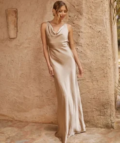 Discount Six Stories Cowl Front Satin Bridesmaid Dress - Champagne
