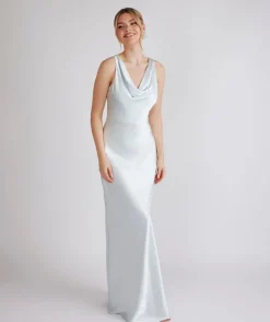 Best Six Stories Cowl Front Satin Bridesmaid Dress - Ice Blue