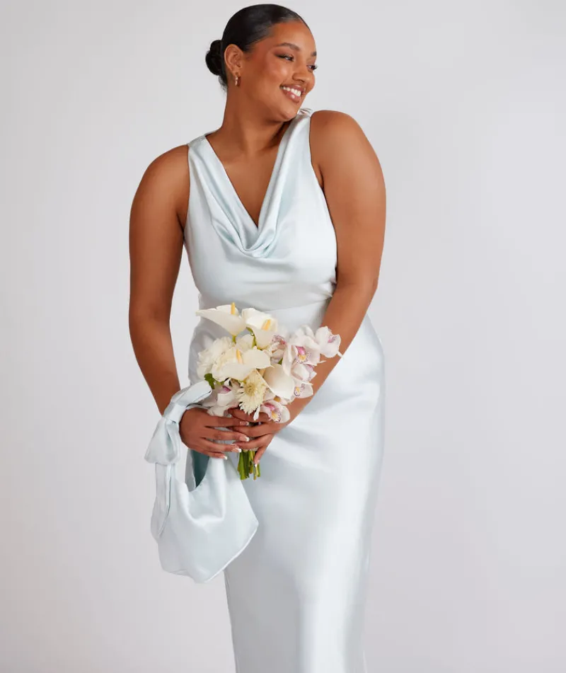 Best Six Stories Cowl Front Satin Bridesmaid Dress - Ice Blue