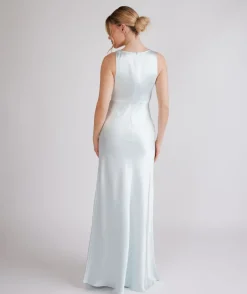 Best Six Stories Cowl Front Satin Bridesmaid Dress - Ice Blue