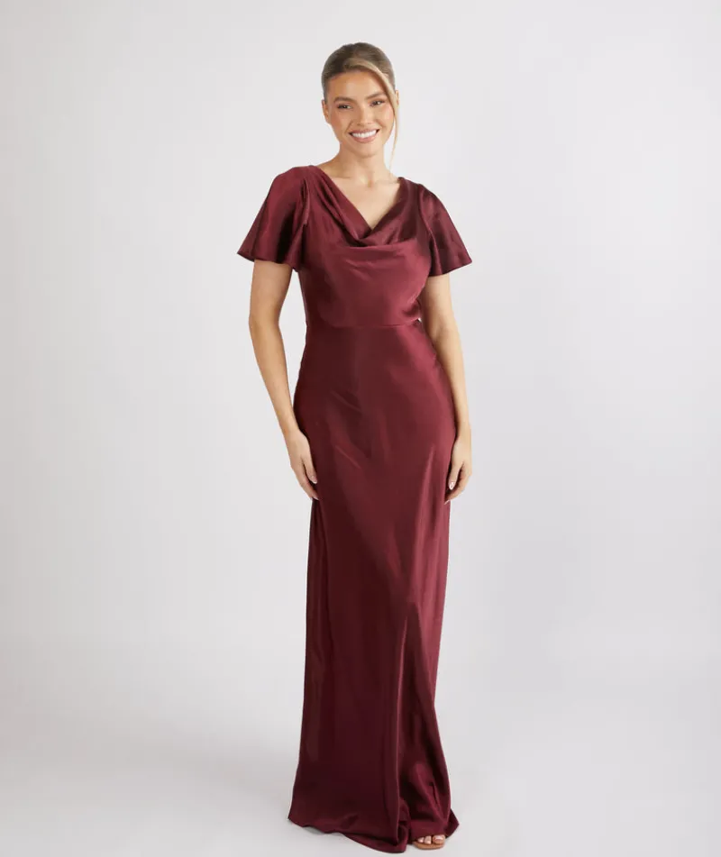Online Six Stories Cowl Front Satin Short Sleeve Bridesmaid Dress - Deep Wine