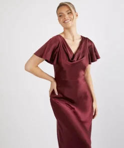 Online Six Stories Cowl Front Satin Short Sleeve Bridesmaid Dress - Deep Wine