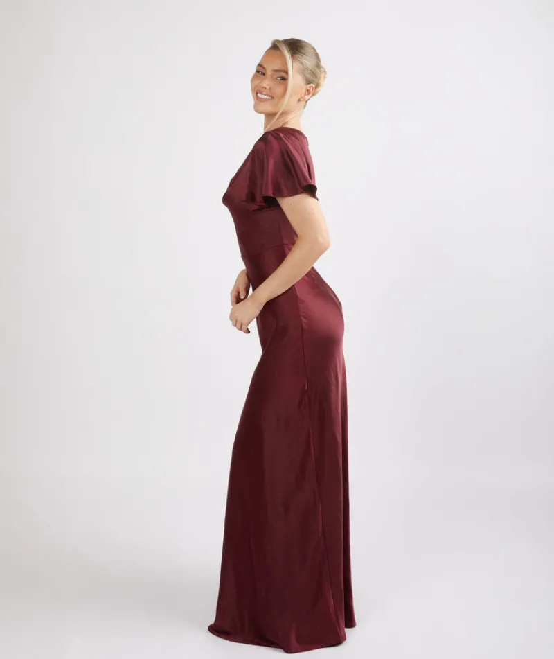 Online Six Stories Cowl Front Satin Short Sleeve Bridesmaid Dress - Deep Wine