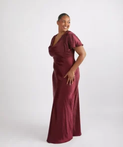 Online Six Stories Cowl Front Satin Short Sleeve Bridesmaid Dress - Deep Wine