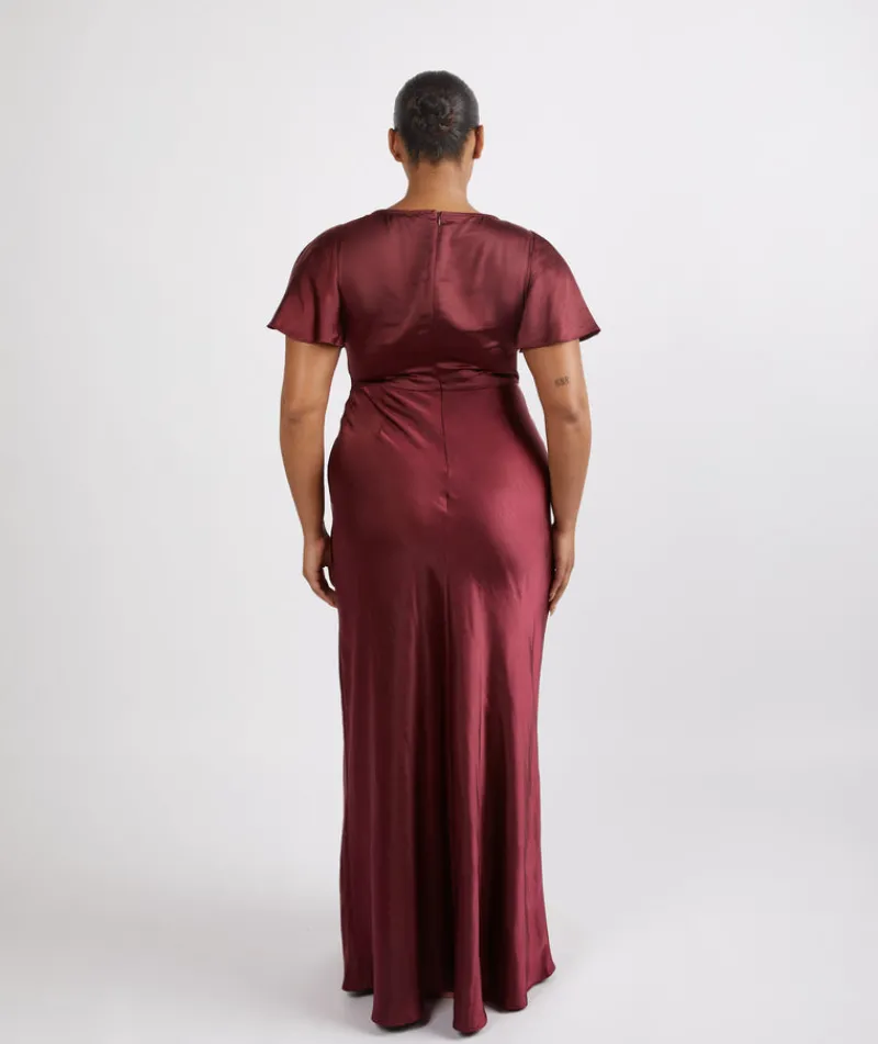 Online Six Stories Cowl Front Satin Short Sleeve Bridesmaid Dress - Deep Wine
