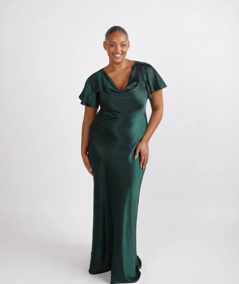 Online Six Stories Cowl Front Satin Short Sleeve Bridesmaid Dress - Emerald