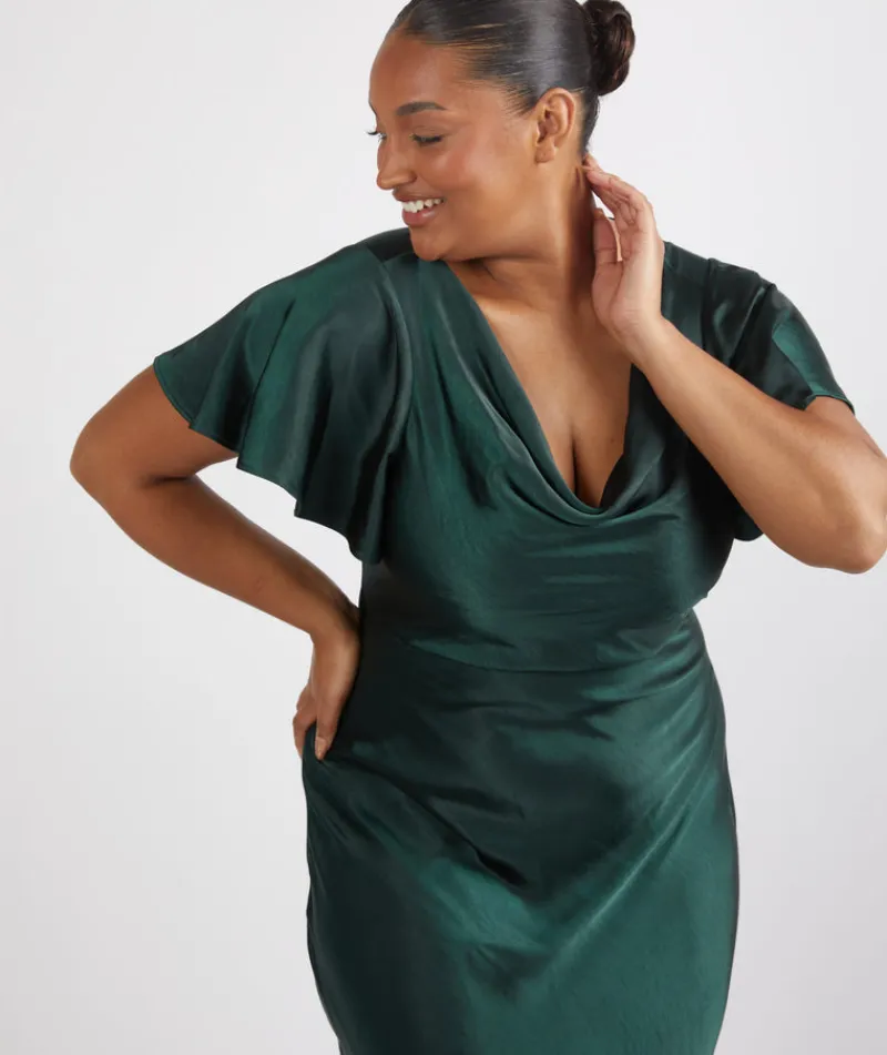 Online Six Stories Cowl Front Satin Short Sleeve Bridesmaid Dress - Emerald