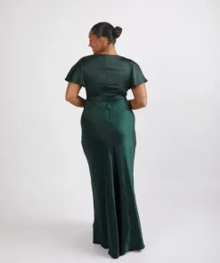 Online Six Stories Cowl Front Satin Short Sleeve Bridesmaid Dress - Emerald