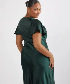 Online Six Stories Cowl Front Satin Short Sleeve Bridesmaid Dress - Emerald