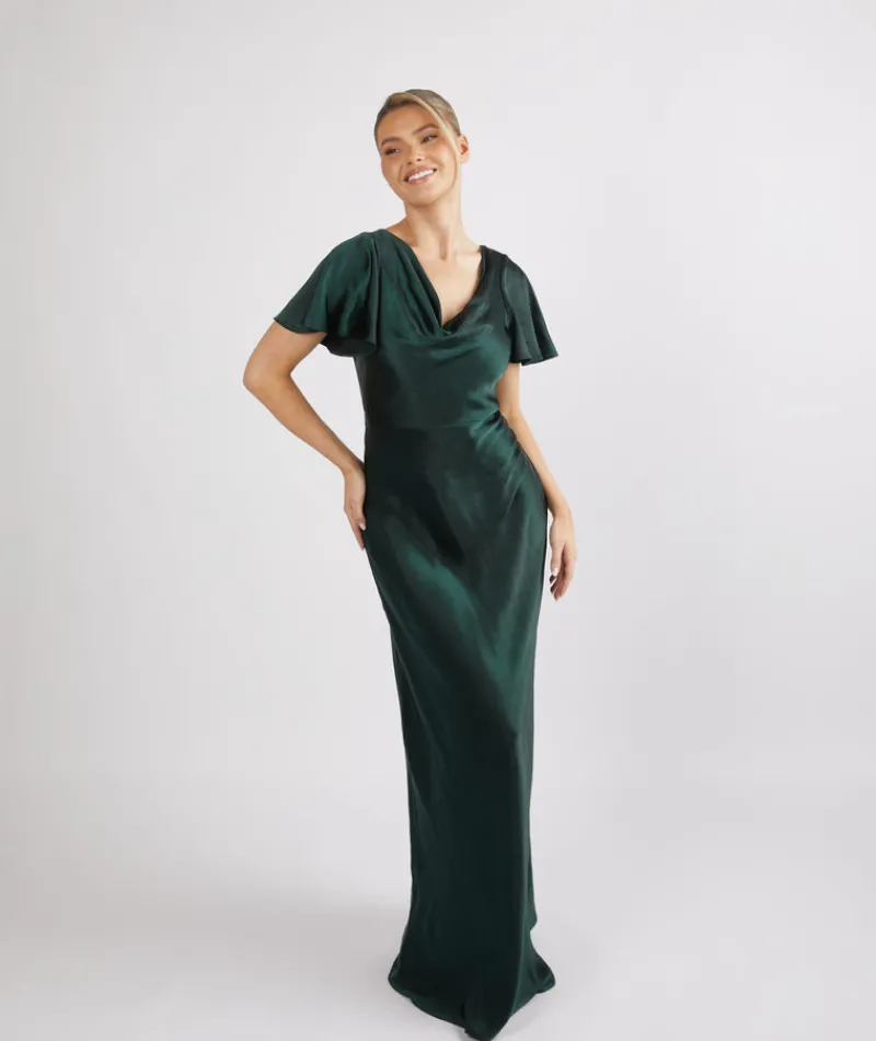 Online Six Stories Cowl Front Satin Short Sleeve Bridesmaid Dress - Emerald