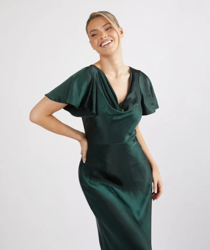 Online Six Stories Cowl Front Satin Short Sleeve Bridesmaid Dress - Emerald