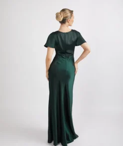Online Six Stories Cowl Front Satin Short Sleeve Bridesmaid Dress - Emerald