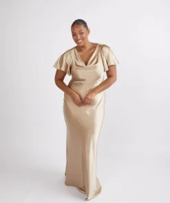 Six Stories Cowl Front Satin Short Sleeve Bridesmaid Dress - Champagne