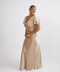 Six Stories Cowl Front Satin Short Sleeve Bridesmaid Dress - Champagne