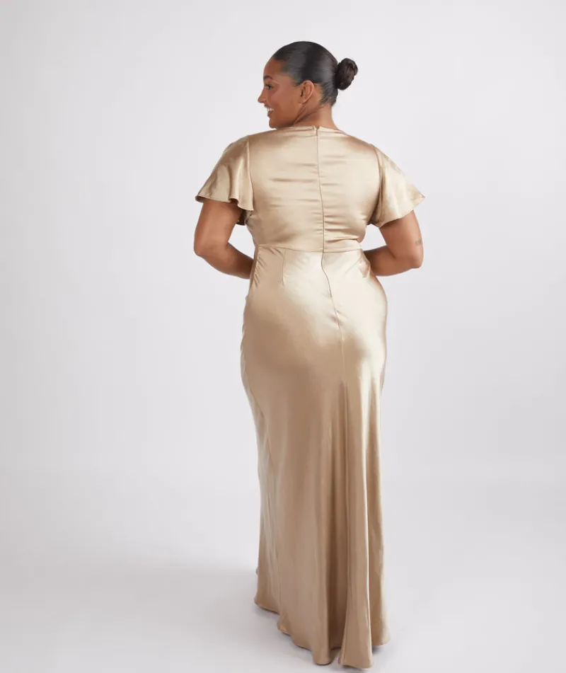 Six Stories Cowl Front Satin Short Sleeve Bridesmaid Dress - Champagne