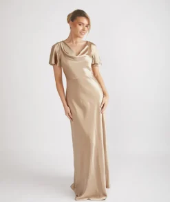 Six Stories Cowl Front Satin Short Sleeve Bridesmaid Dress - Champagne