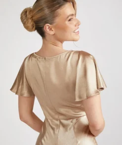 Six Stories Cowl Front Satin Short Sleeve Bridesmaid Dress - Champagne