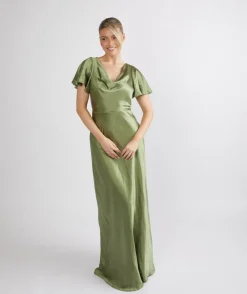 Outlet Six Stories Cowl Front Satin Short Sleeve Bridesmaid Dress - Moss Green