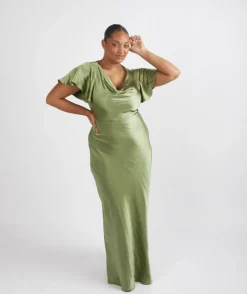 Outlet Six Stories Cowl Front Satin Short Sleeve Bridesmaid Dress - Moss Green