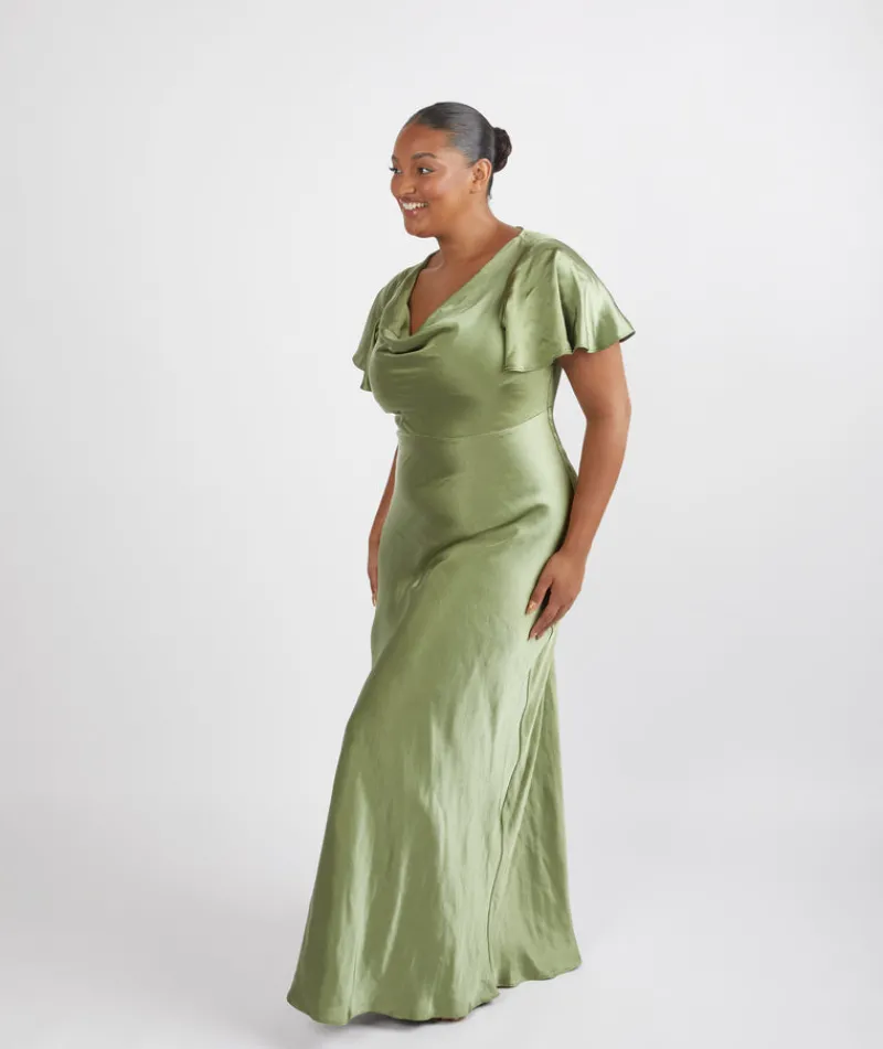 Outlet Six Stories Cowl Front Satin Short Sleeve Bridesmaid Dress - Moss Green