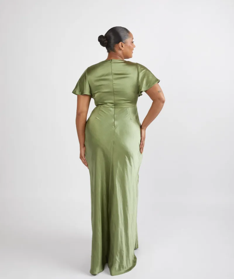 Outlet Six Stories Cowl Front Satin Short Sleeve Bridesmaid Dress - Moss Green