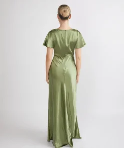Outlet Six Stories Cowl Front Satin Short Sleeve Bridesmaid Dress - Moss Green