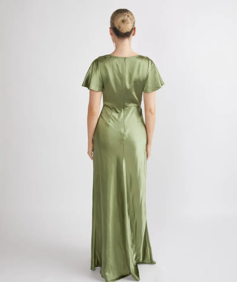Outlet Six Stories Cowl Front Satin Short Sleeve Bridesmaid Dress - Moss Green