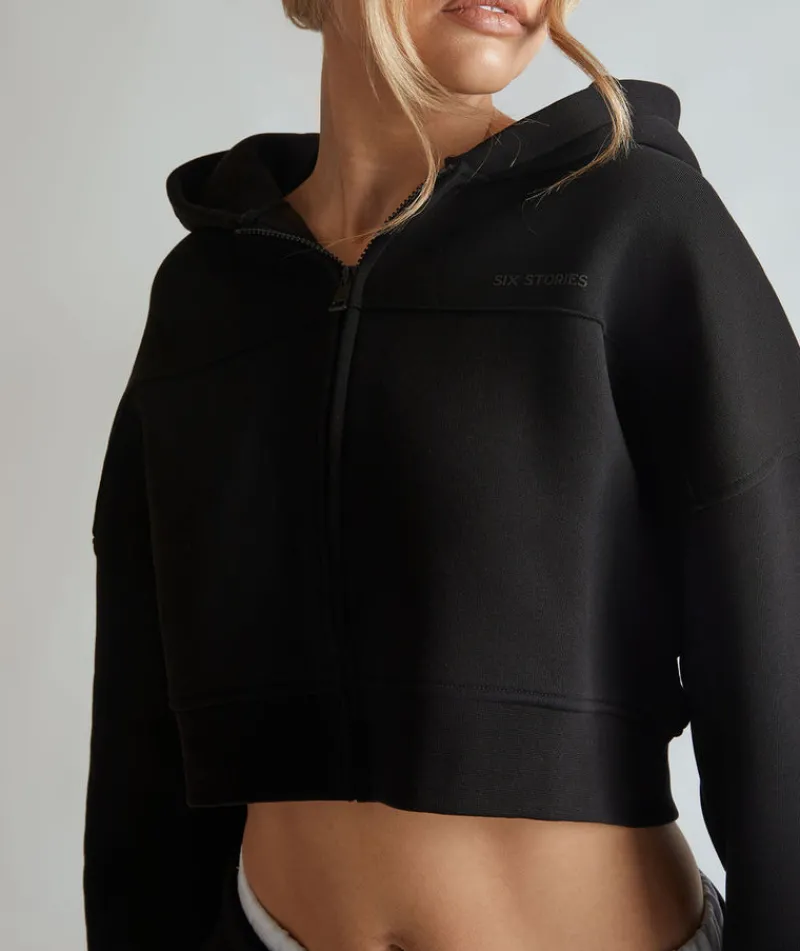 Clearance Six Stories Cropped Zip Through Hoodie - Black