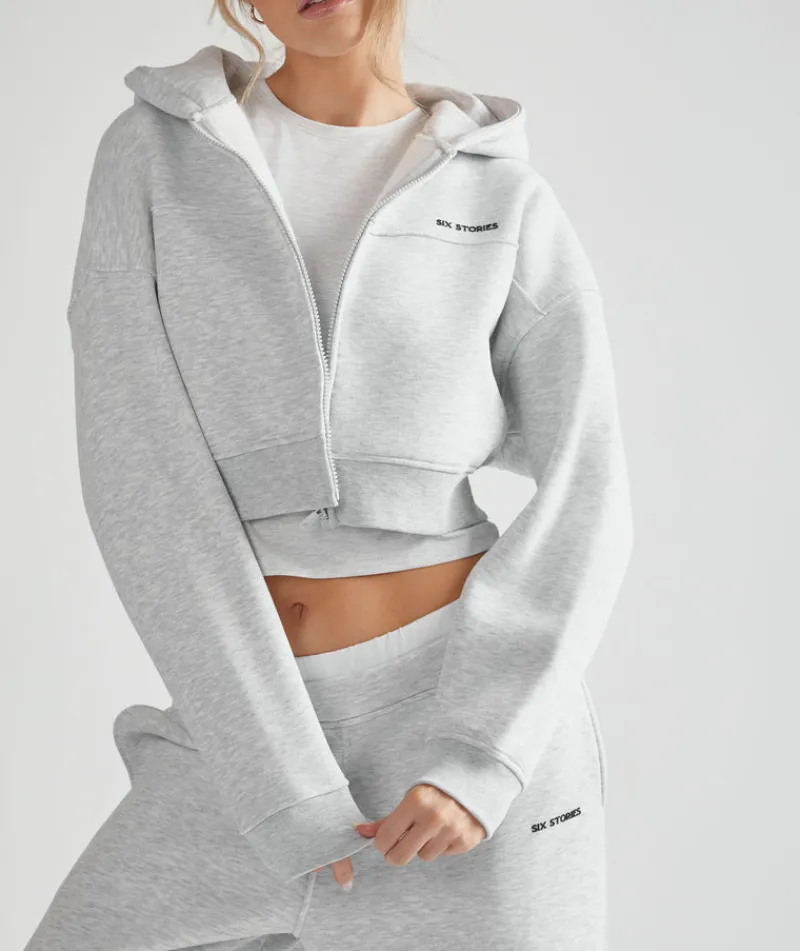 New Six Stories Cropped Zip Through Hoodie - Grey Marl