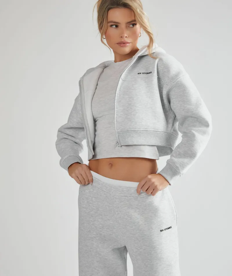 New Six Stories Cropped Zip Through Hoodie - Grey Marl