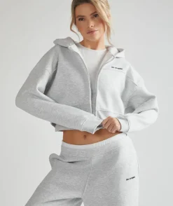 New Six Stories Cropped Zip Through Hoodie - Grey Marl