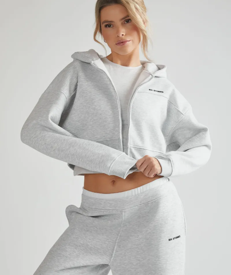 New Six Stories Cropped Zip Through Hoodie - Grey Marl