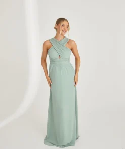 Clearance Six Stories Cross Neck Pleated Waist Chiffon Bridesmaid Dress - Sage