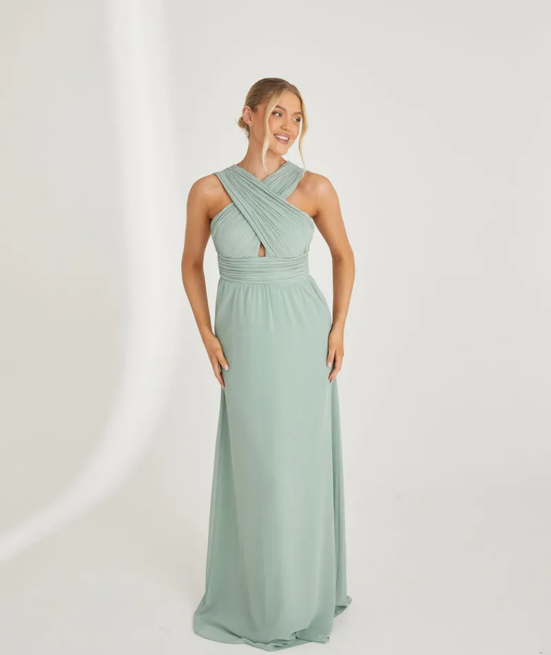Clearance Six Stories Cross Neck Pleated Waist Chiffon Bridesmaid Dress - Sage