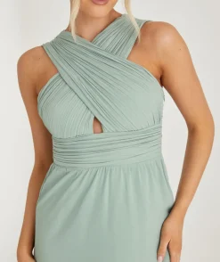 Clearance Six Stories Cross Neck Pleated Waist Chiffon Bridesmaid Dress - Sage