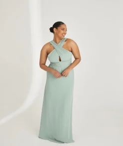 Clearance Six Stories Cross Neck Pleated Waist Chiffon Bridesmaid Dress - Sage