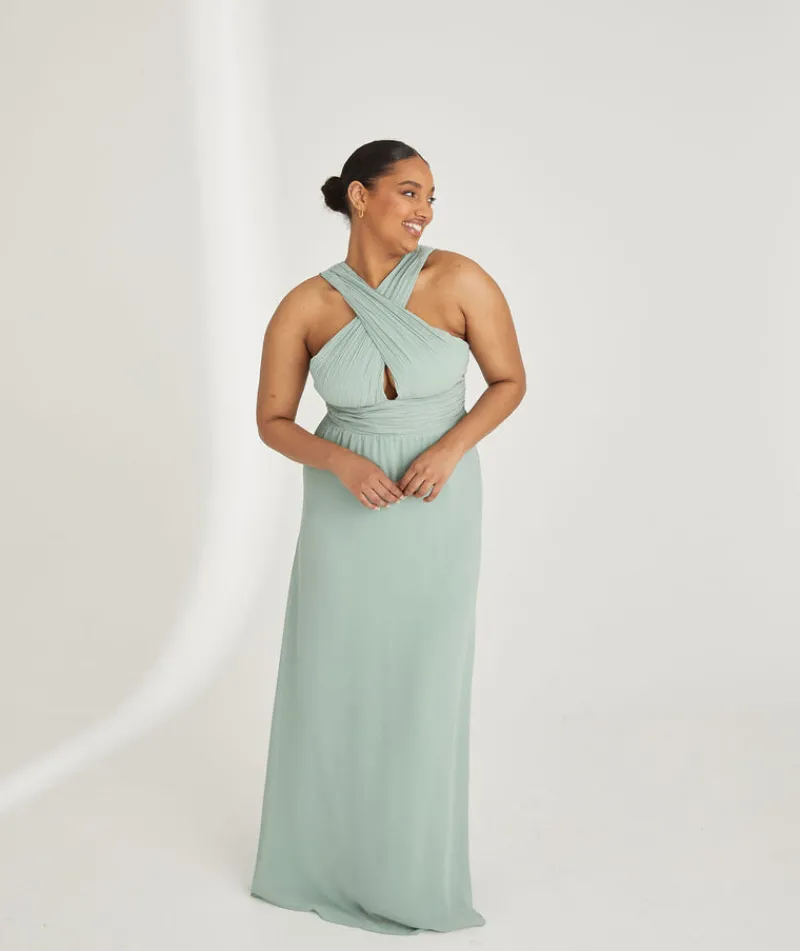 Clearance Six Stories Cross Neck Pleated Waist Chiffon Bridesmaid Dress - Sage