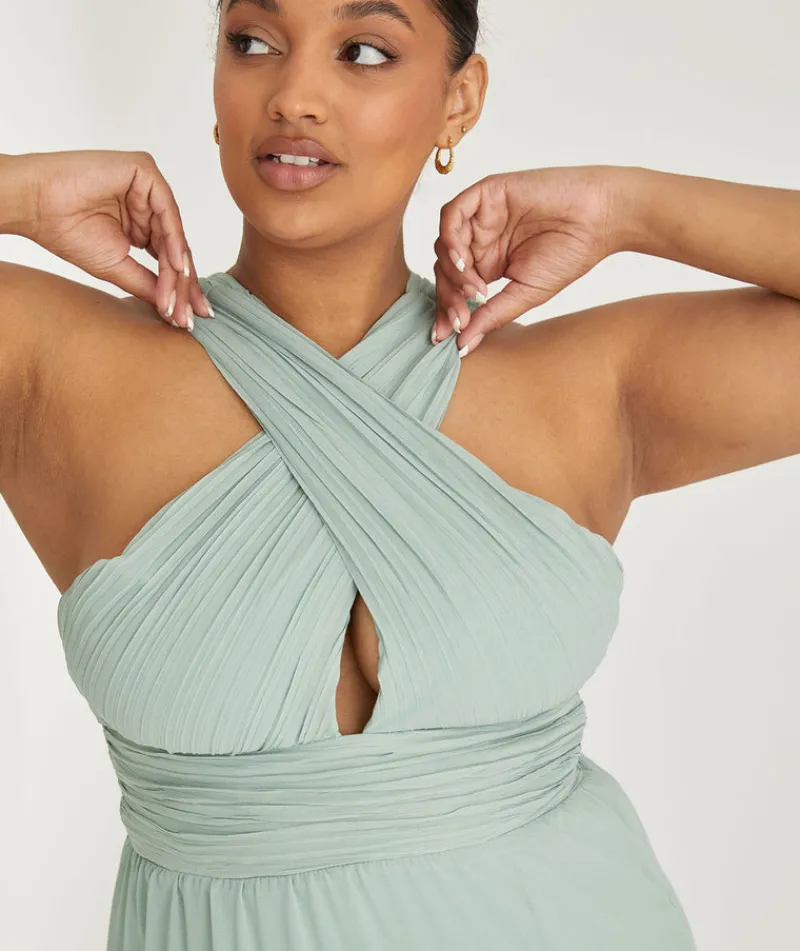 Clearance Six Stories Cross Neck Pleated Waist Chiffon Bridesmaid Dress - Sage