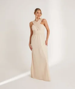 Discount Six Stories Cross Neck Pleated Waist Chiffon Bridesmaid Dress - Butter Cream